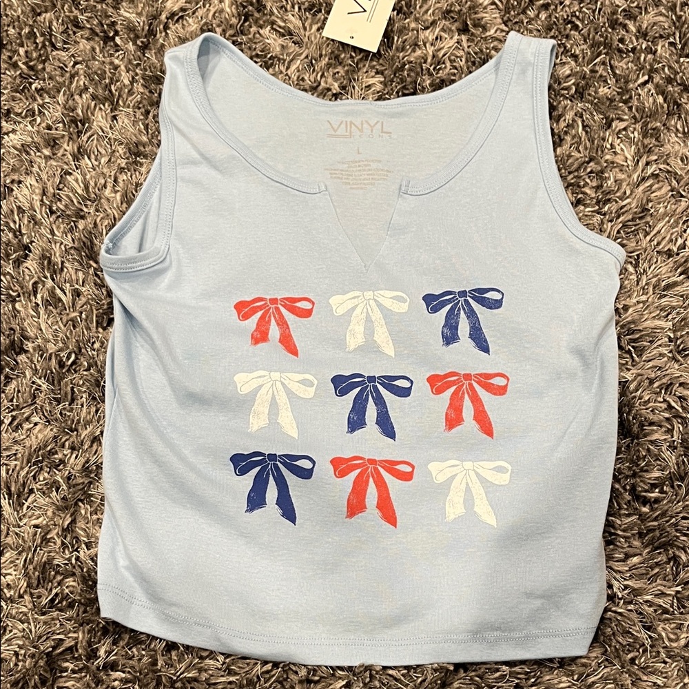 VINYL- Women's Blue Tank Top with Bow Print size large brand new with tags